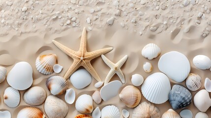 Fototapeta na wymiar Seashells and starfish on sand background. Summer concept