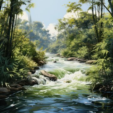 Realistic bamboo in the forest with water flowing fast in a river with a calm atmosphere, good for business, blogs, websites, wallpapers, nature lovers. Generative Ai Image