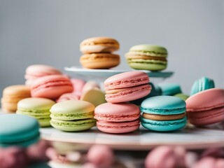 Fototapeta na wymiar Colorful and delicious macarons in a plate, blurry background