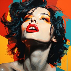 photo od beautifil woman with red lips on vivid background in pop art style - obrazy, fototapety, plakaty