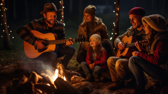 Group of friends plays guitar and relaxing around a campfire outdoors