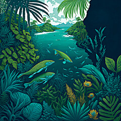 Fototapeta na wymiar Tropical Paradise: Dive into a world of lush greenery, azure waters, and exotic flora with this tropical-themed poster