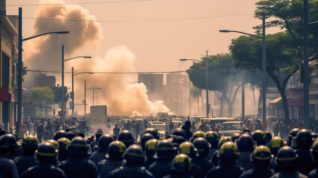 Protests Control Challenge, Police Response to Demonstrations Amid Smoke and Tear Gas, Generative AI