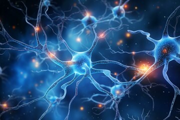 Microglia cells damage myelin sheath in neuron axons resulting in multiple sclerosis. Generative AI - obrazy, fototapety, plakaty