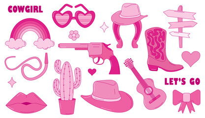 Retro pink cowgirl set. Set of wild west illustration in pink color. Retro pink hat, flower, heart, 
revolver, glasses, horseshoe, guitar, lips, rainbow, bow, boots