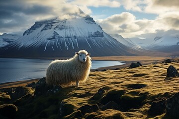 Sheep in Iceland's volcanic landscapes. Generative AI - obrazy, fototapety, plakaty
