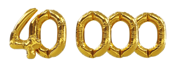 3D render of 40k or 40000 followers thank you Gold balloons, forty thousand gold number balloons