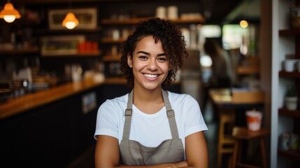 Smiling female entrepreneur holding tablet in her coffee