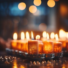 Glowing candles in a blurred menorah