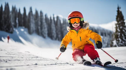 Deurstickers Kid Skier descends a mountain in winter © MP Studio