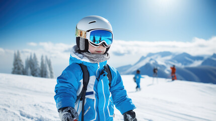 Portrait of a kid skier in helmet and winter clothes on the background of snow-covered mountain slope