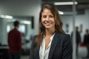 Naklejka premium a happy female jobseeker who successfully completed a job interview. generative AI