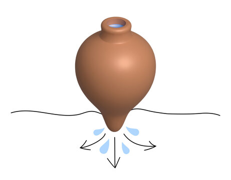 Illustration avec rendu 3D d'un sch&eacute;ma d'irrigation de la terre avec un oya en argile, un olla en c&eacute;ramique diffuse et humidifie le sol du jardin pour nourrir la plante