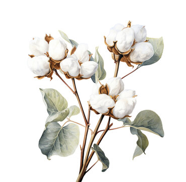 Watercolor illustration of cotton branch. Generative AI, png