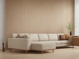Modern living room with white couch, wooden wall, and vase of flowers