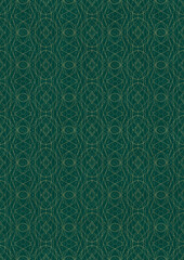 Hand-drawn unique abstract symmetrical seamless gold ornament on a dark cold green background. Paper texture. Digital artwork, A4. (pattern: p10-2f)