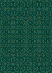 Hand-drawn unique abstract symmetrical seamless gold ornament on a dark cold green background. Paper texture. Digital artwork, A4. (pattern: p10-2f)