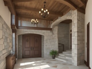Modern of a Stone Hallway with Chandelier and Stairs