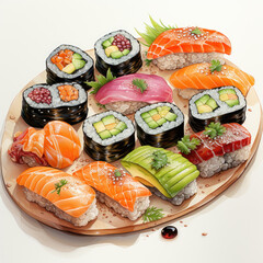 watercolor Sushi clipart, Generative Ai
