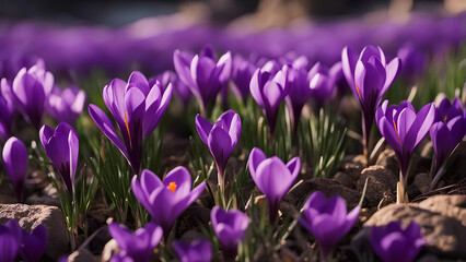 Purple Crocus grows in early spring through the stone. 