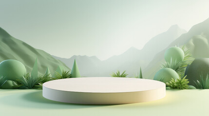 Product banner, podium platform with geometric shapes and nature background, paper illustration, and 3d paper.