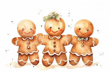 watercolor of three gingerbread men Generative AI