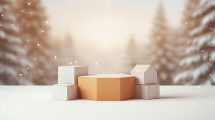Winter sale product banner, podium platform with geometric shapes and snowflakes background, paper illustration, and 3d paper.