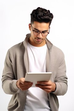 Young man looking at digital tablet posing on white background
