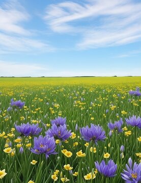 View of Blue Skied from a Field of Spring Flowers
