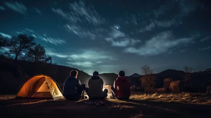 Tuinposter Friends campers looks up at the night sky and stars next to their tent in nature © MP Studio