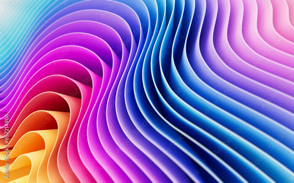 Poster 3d render abstract background of smooth lines of spline waves multicolor with deep of field