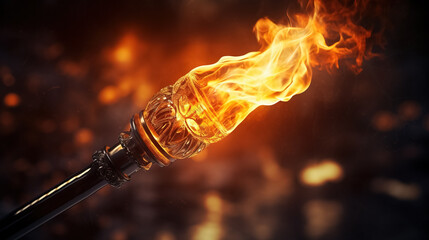 A torch skillfully crafted from metal with fine decorative details is lit with fire. - obrazy, fototapety, plakaty