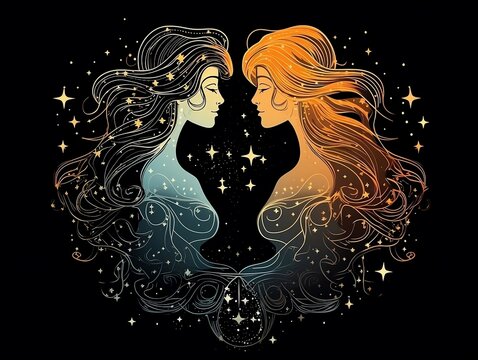 Dual Nature of Gemini: Tattoo Design of Twins Highlighting the Versatile and Communicative Traits Against a Star-Filled Sky – Perfect for Astrology and Tattoo Art Themes