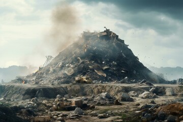 An image of a massive garbage mound in a trash dump or landfill, representing pollution. Generative AI