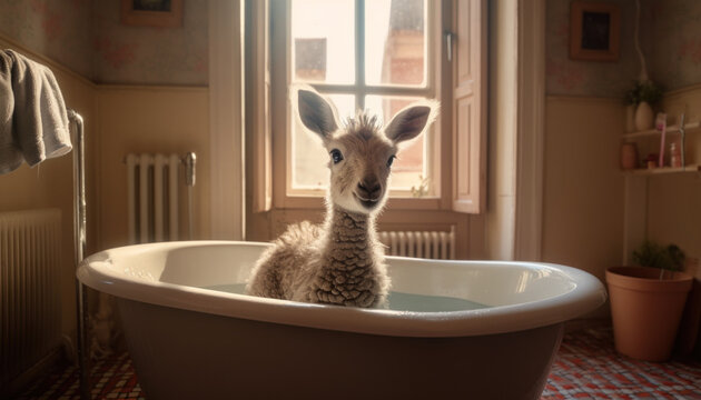 baby vicuna having a bath