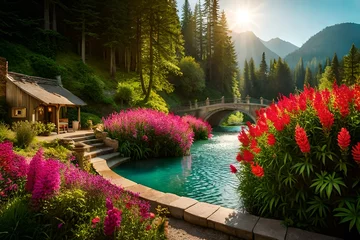 Tuinposter summer landscape with beautiful gardens, waterfalls and flowers © maqaddis