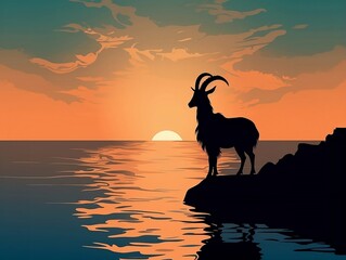Practical and Disciplined Nature of Capricorn: Tattoo Design of a Sea-Goat Standing Strong on Land and Shimmering in the Water Against a Twilight Sky Over – Perfect for Astrology and Tattoo Art Themes