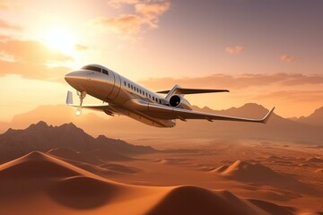Private jet soaring above the dawn desert, epitomizing luxury travel. Horizontal mock-up with realistic 3D rendering. Generative AI