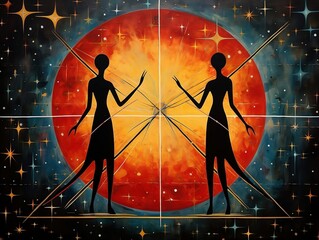 The Dual Gemini: Identical Twins Against Star-Filled Sky – Ideal for Astrological Artwork, Horoscope Websites, Zodiac Sign Descriptions, and Spiritual Guides