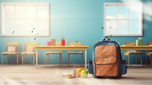 back to school concept with bag and book animation. Cartoon or anime illustration style. seamless looping 4K time-lapse virtual video animation background	