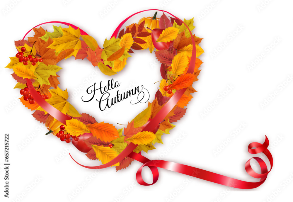 Poster autumn colorful forest leaves and red berries in the shape of a heart framed by a red sparkling ribb