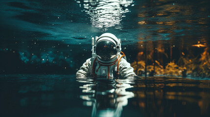 An astronaut in space suit standing in the water