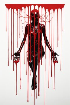 minimal illustration of a black figure in a ritualistic pose with blood dripping over the entire body. white background.  Sinister, Supernatural, Demonic, Sorcery