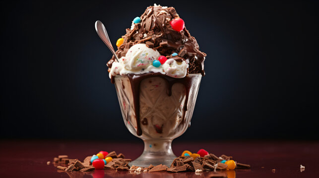 An image of an ice cream sundae with chocolate