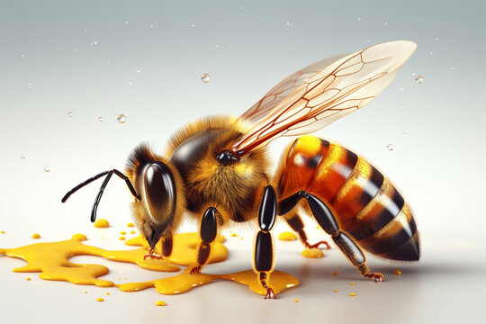 Honey bee with honey on a white background. 3d render