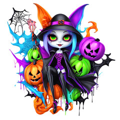Happy Halloween Day Clipart, Halloween Day composition, Neon Colors Halloween Clipart, Generative AI
