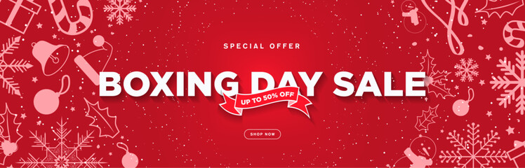 Christmas Boxing Day Sale Banner in red with Decorative Christmas Ornament designs, snowflakes, snowman, christmas tree balls, santa hat, candy cane. Shop Now Button. Vector Illustration. 
