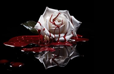 a white rose laying in a puddle or pool of blood. black background. dripping blood on the rose white petals. grief, murder, treason - obrazy, fototapety, plakaty