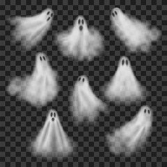 Halloween ghosts, realistic monsters silhouettes. Vector 3d transparent white spooky faces. Horror shadows foggy figures