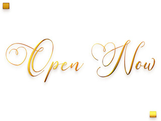 Fototapeta na wymiar Open Now Gold Text Calligraphy Transparent PNG Image